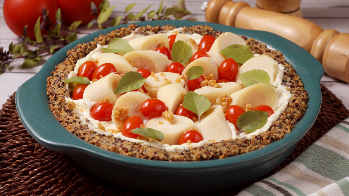 receita de torta de quinoa com palmito e cream cheese