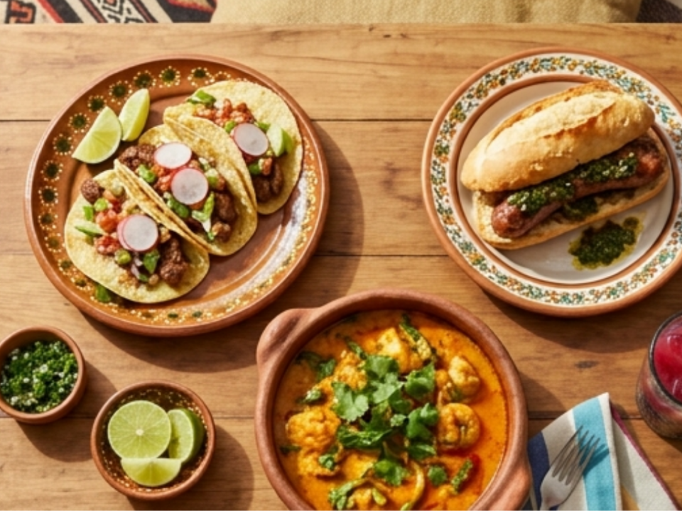 Mesa com pratos da culinária latina