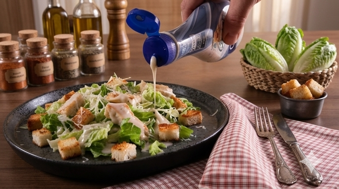 Molho para salada Castelo servido com folhas verdes, legumes e grãos