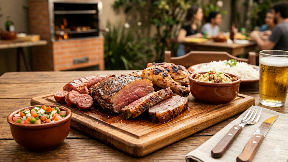 Mesa de churrasco com espetinhos, farofa e vinagrete com pessoas sorrindo ao fundo