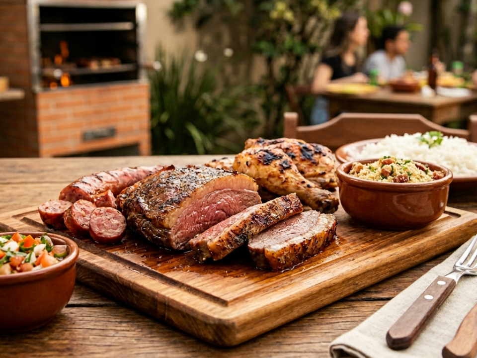 Mesa de churrasco com espetinhos, farofa e vinagrete com pessoas sorrindo ao fundo