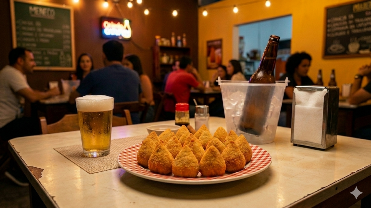 Coxinhas douradas e crocantes em bandeja, representando o clássico salgado brasileiro