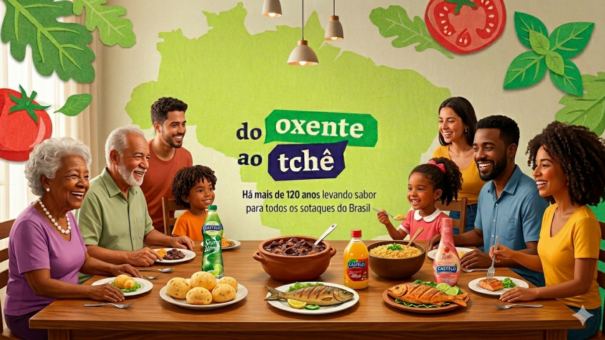 Mesa com pratos típicos das cinco regiões do Brasil, celebrando a diversidade gastronômica com produtos Castelo