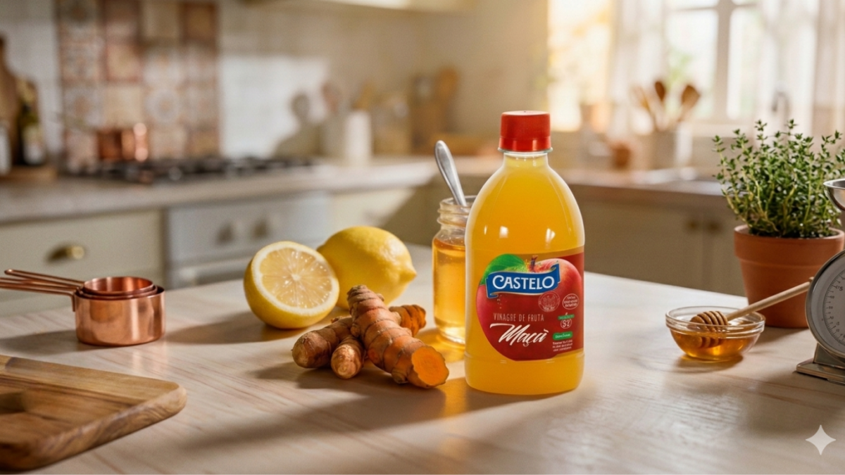 Embalagens PET de vinagre de maçã natural e orgânico Castelo Alimentos 400 ml sobre fundo branco
