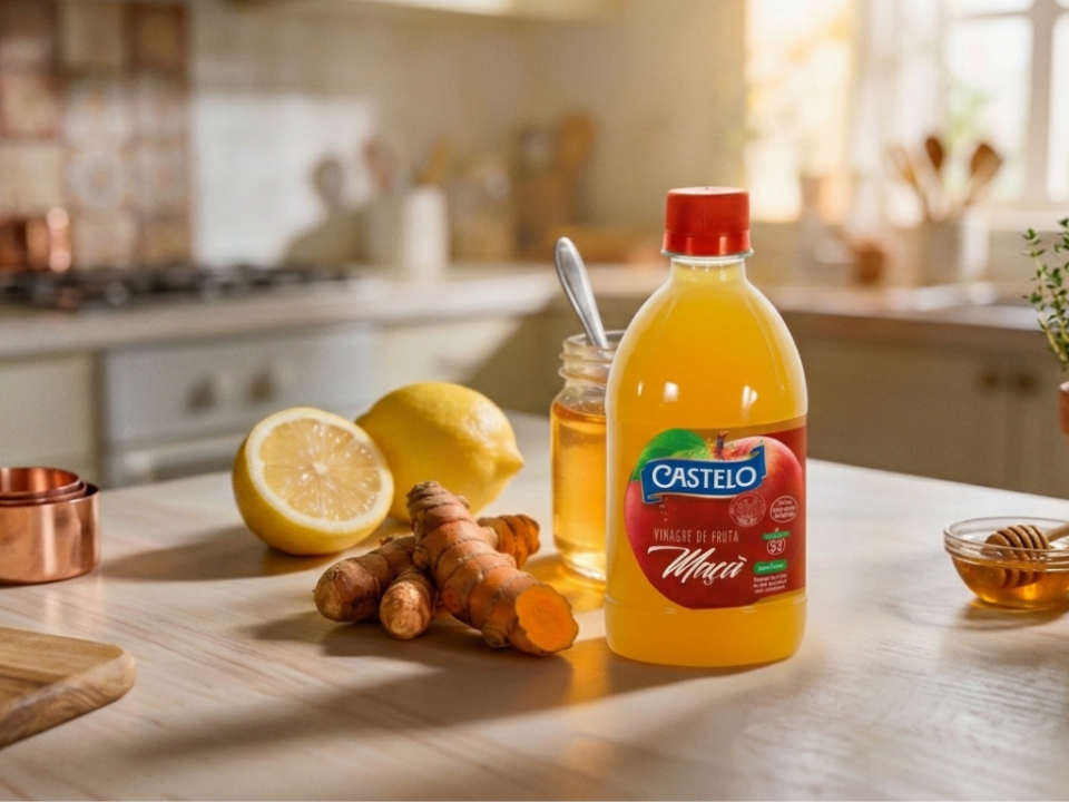 Embalagens PET de vinagre de maçã natural e orgânico Castelo Alimentos 400 ml sobre fundo branco